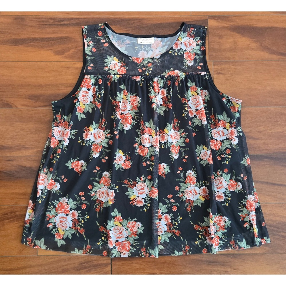 Bobbie Brooks Plus Size 2X Floral Mesh Overlay Sleeveless Babydoll Top
